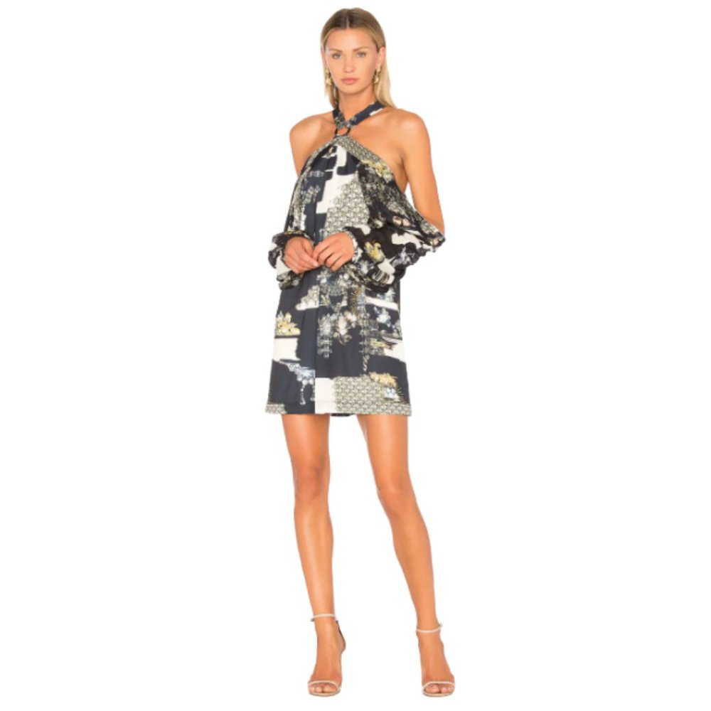 Animale Open Shoulder Mini Dress in Blue Multi